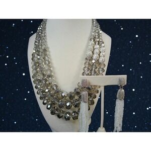 Glamorous Multi Strand Faceted Crystal Statement Necklace and Earrings Set